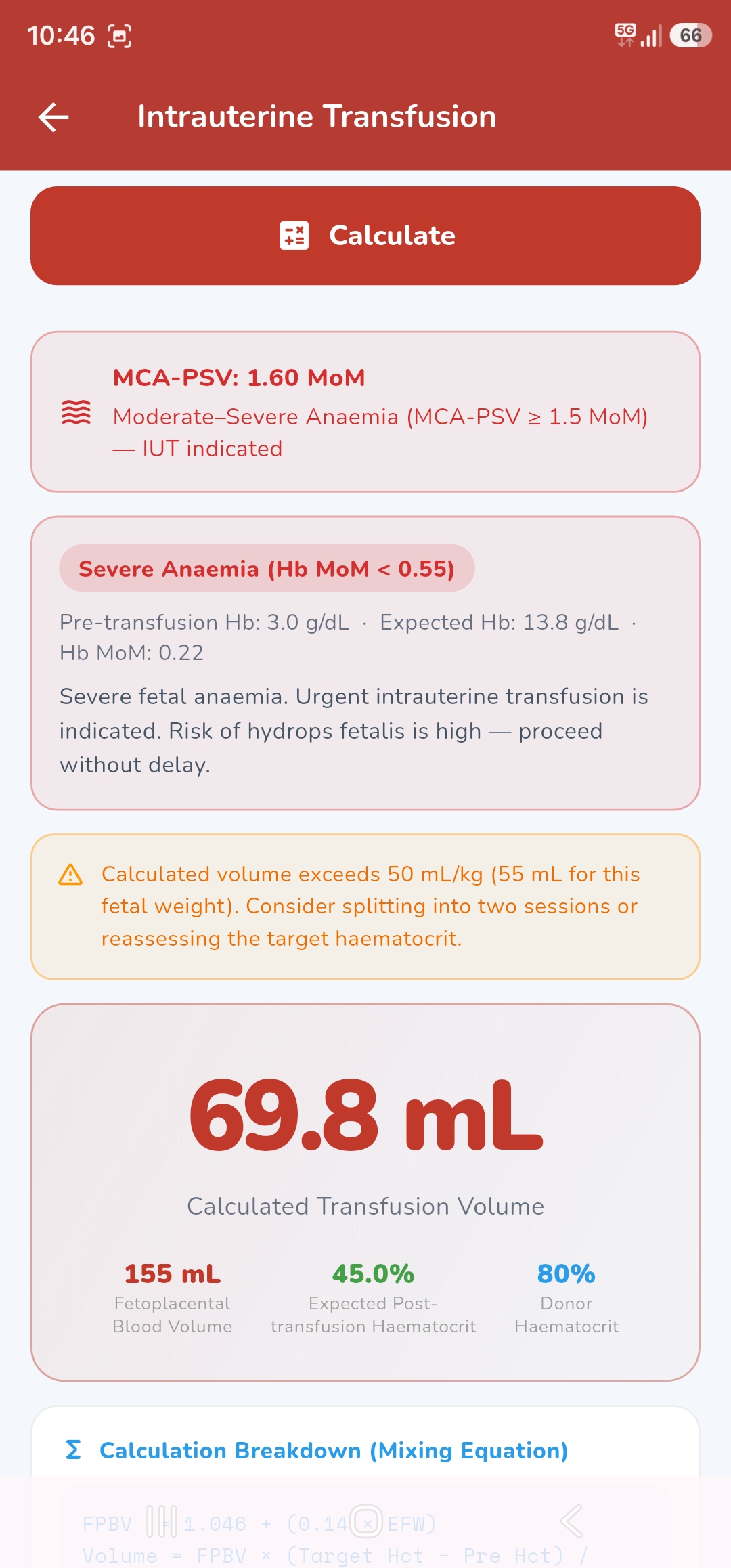 ObiCalc intrauterine transfusion volume result