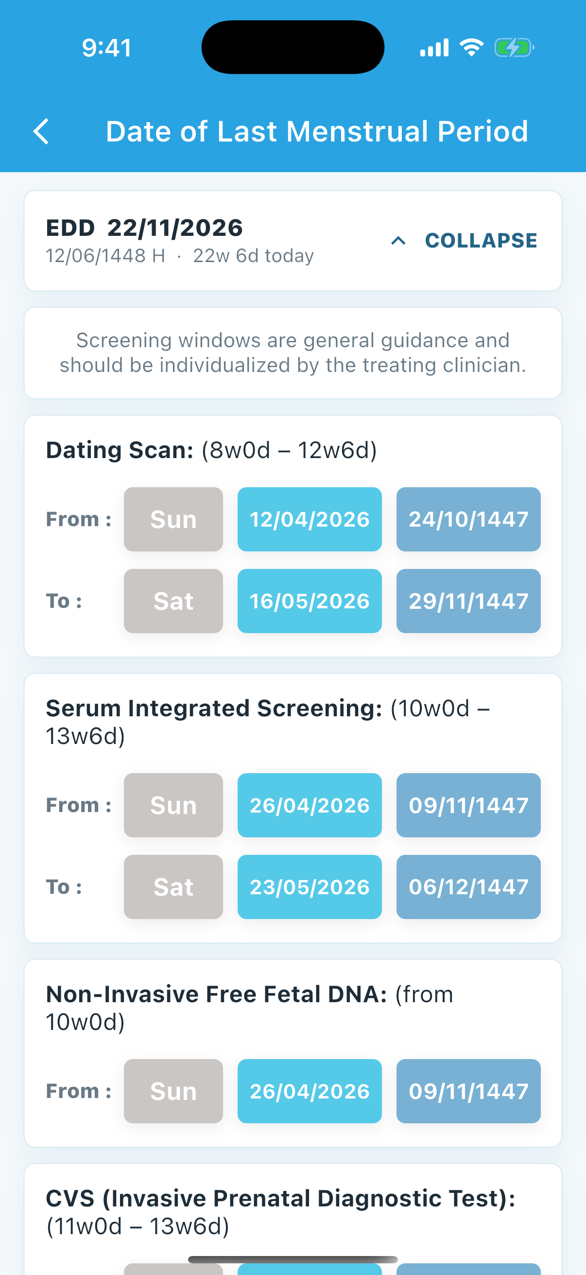 Hijri ANC antenatal milestone schedule showing Gregorian and Hijri dates together