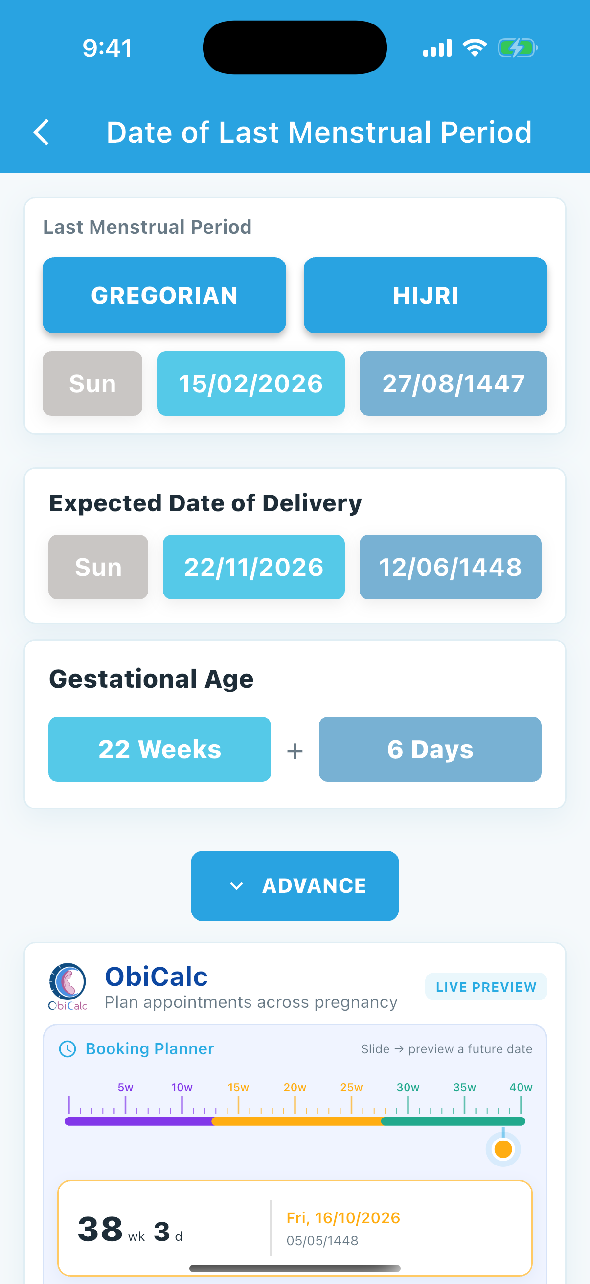 Hijri ANC pregnancy dating result running on iPhone Simulator
