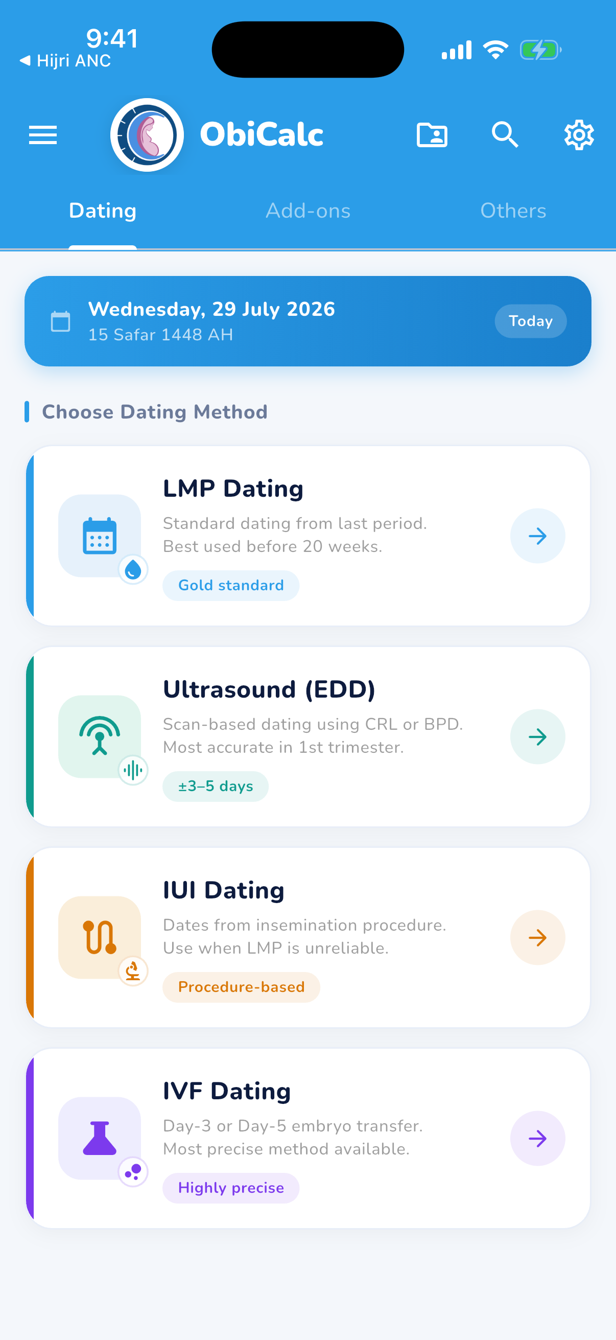 ObiCalc pregnancy dating screen running on an iPhone Simulator